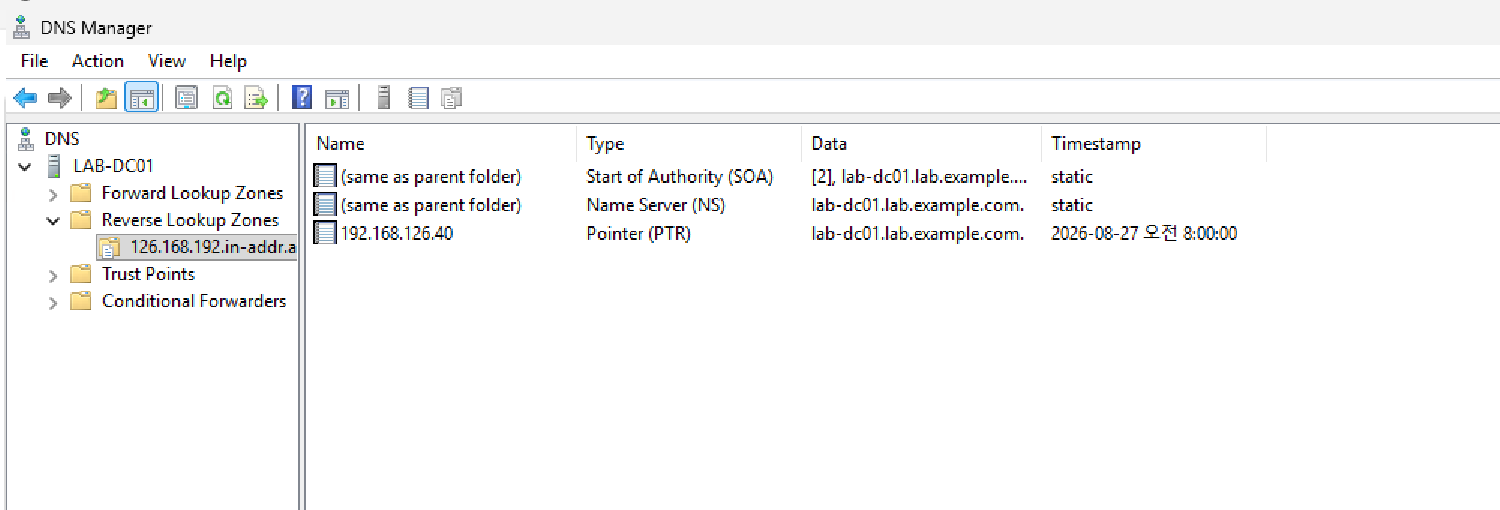 Windows Server DNS 관리자에서 126.168.192.in-addr.arpa 역방향 영역에 192.168.126.40의 PTR 레코드가 lab-dc01.lab.example.com으로 등록된 화면