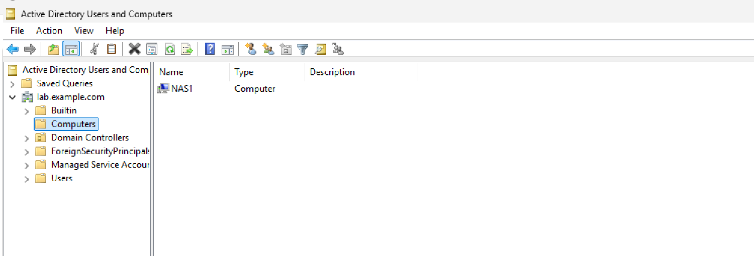 Active Directory 사용자 및 컴퓨터에서 lab.example.com Computers 컨테이너에 NAS1 컴퓨터 계정이 생성된 화면