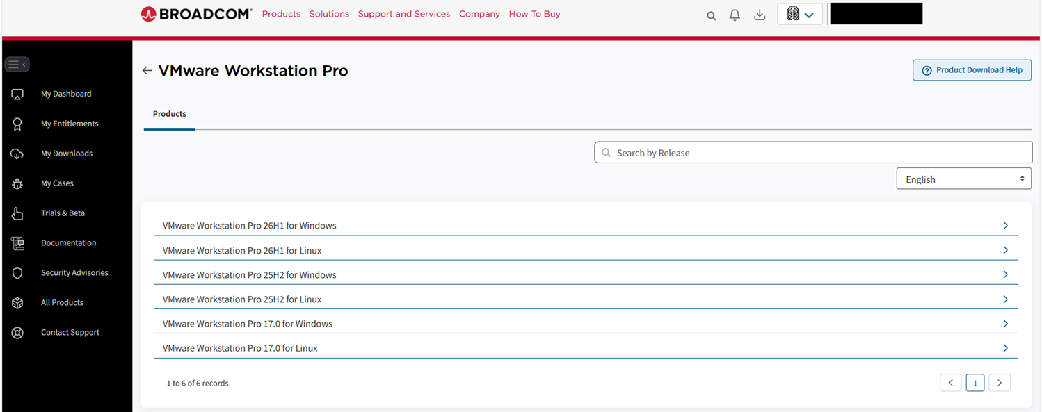 Broadcom 지원 포털의 VMware Workstation Pro 제품 페이지에서 26H1, 25H2, 17.0 버전 목록이 접힌 채 나열된 화면