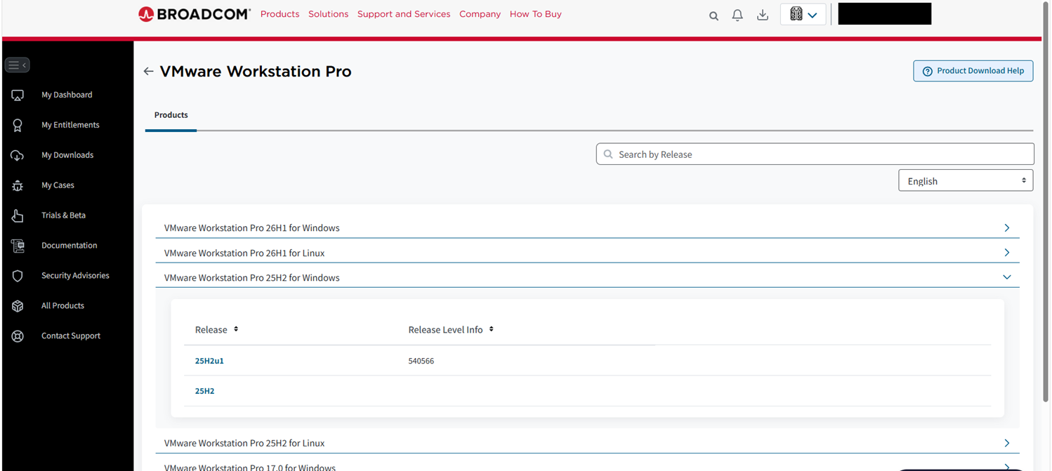 VMware Workstation Pro 25H2 for Windows 항목을 펼치자 25H2u1과 25H2 릴리스가 표시된 화면