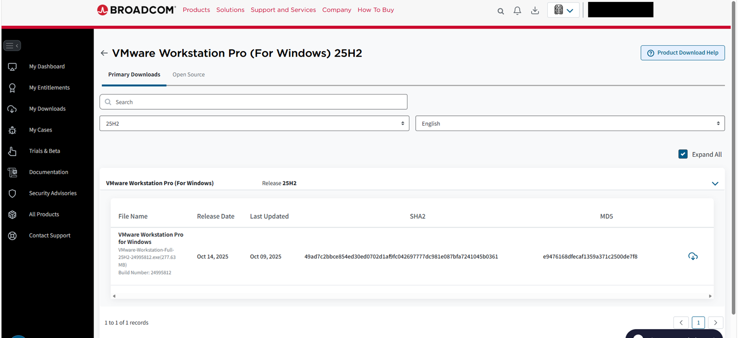 VMware Workstation Pro 25H2 릴리스의 파일 목록과 오른쪽 끝 다운로드 아이콘이 표시된 화면