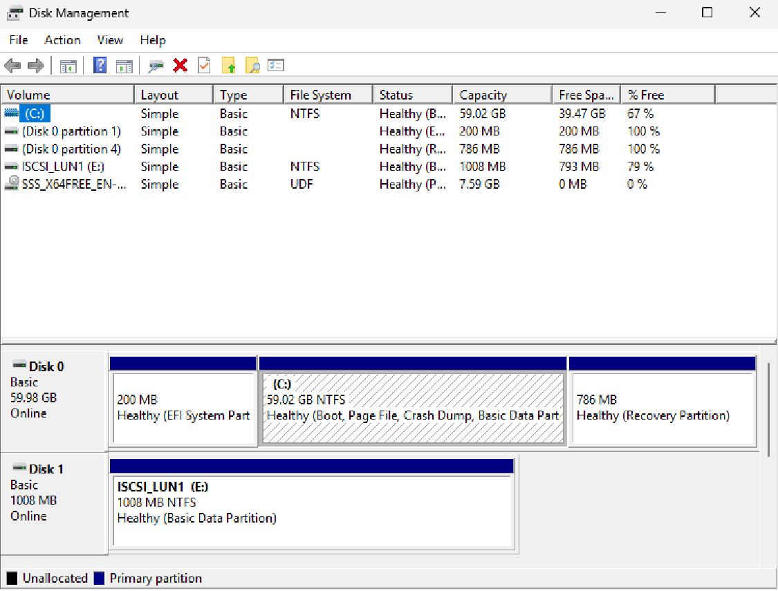 Windows 디스크 관리에서 디스크 1이 ISCSI_LUN1 E 드라이브 1008MB NTFS 정상 상태로 표시된 화면