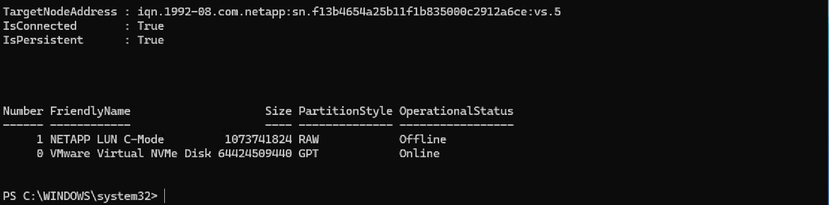 PowerShell에서 iSCSI 타겟 연결 후 Get-Disk 결과로 NETAPP LUN C-Mode 디스크가 RAW, Offline 상태로 나타난 화면
