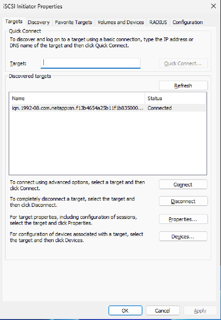 Windows iSCSI 초기자 속성 창의 대상 탭에서 NetApp 타겟이 Connected 상태로 표시된 화면