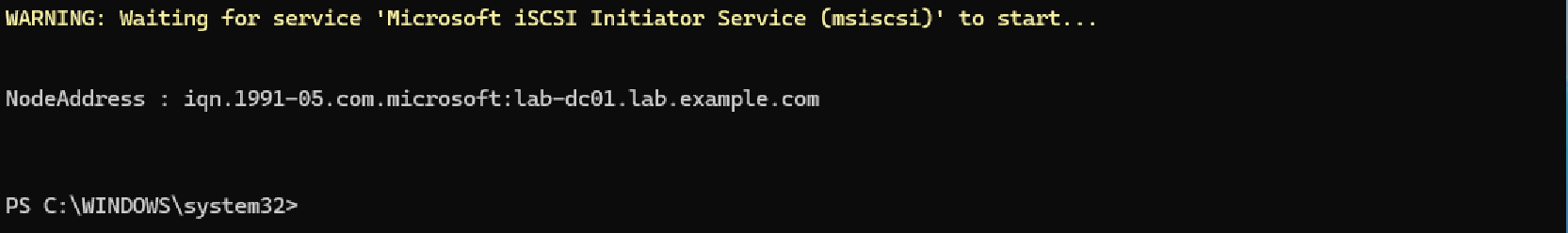 Windows PowerShell에서 msiscsi 서비스를 시작하고 Get-InitiatorPort로 이니시에이터 IQN을 확인한 화면